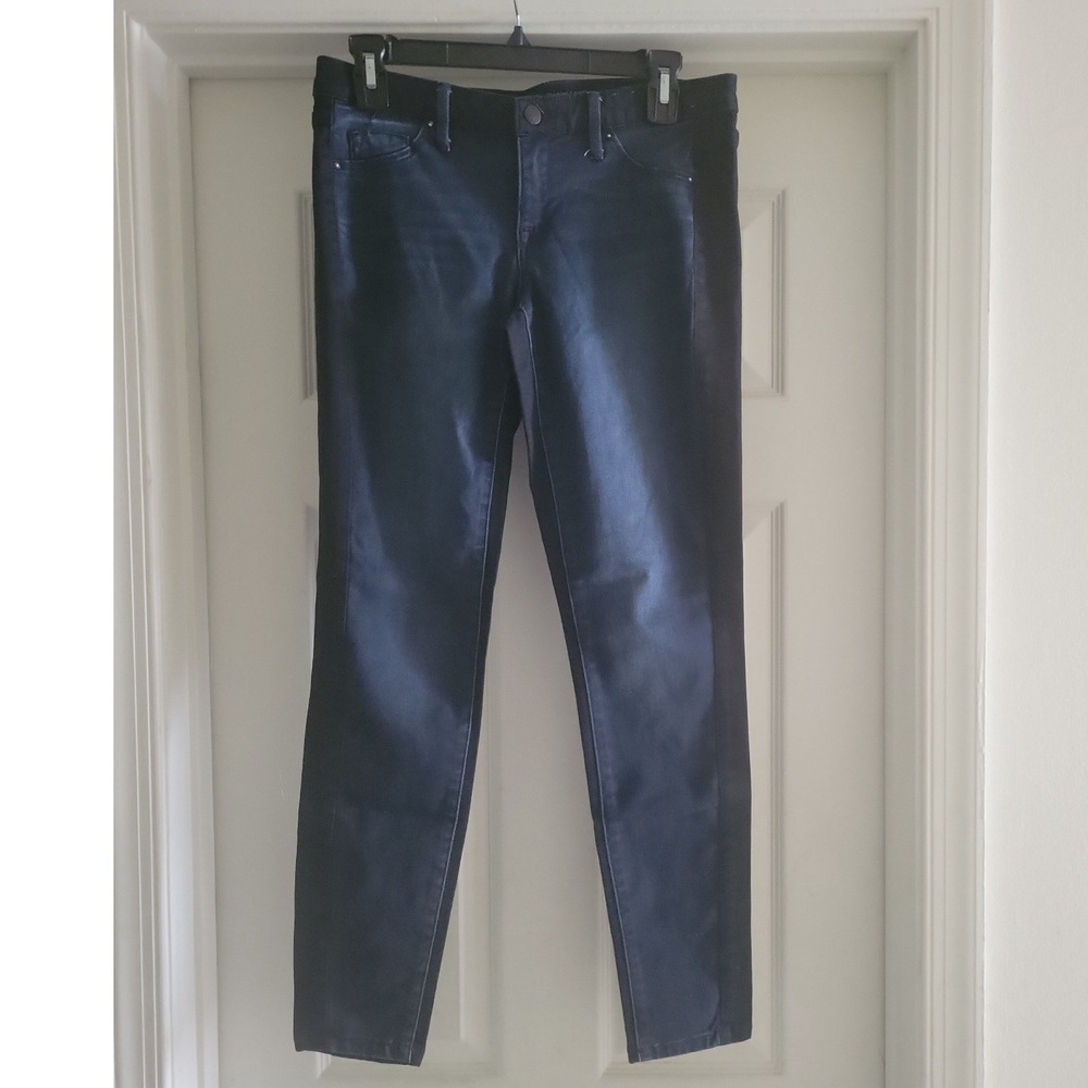 Mossimo Womens Mid Rise Denim Legging Jeans Blue Black Tuxedo Side Stripe Size 4